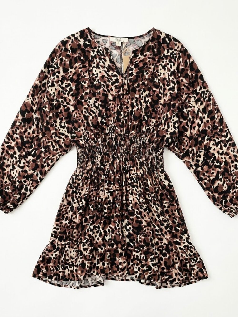 EASEL Leopard Animal Print Smocked Waist Mini Dress Boho Peasant Size Small NWT